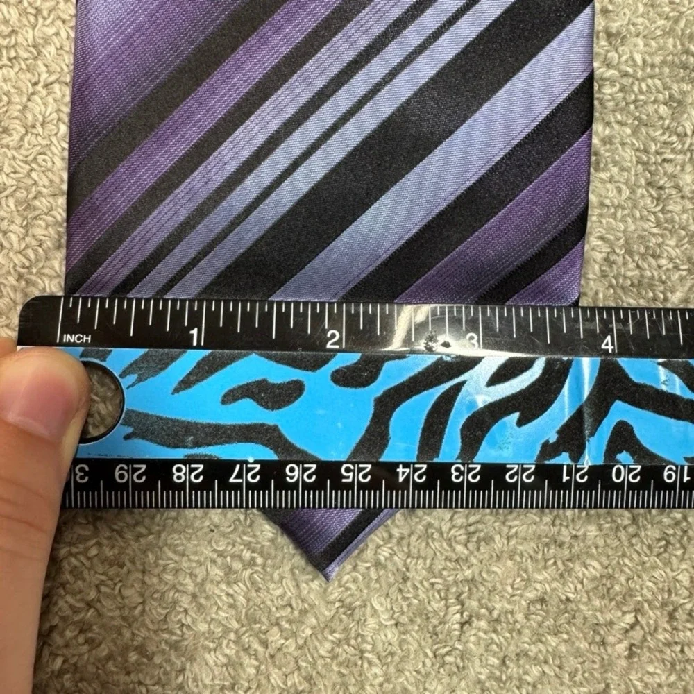 Van Heusen Mens Purple Black Striped Silk Necktie Stain Resistant Handmade Tie